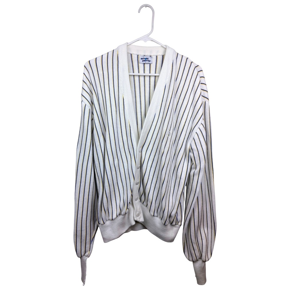 Arnold Palmer Vintage Mens White Striped V-Neck Cardigan Sweater Large